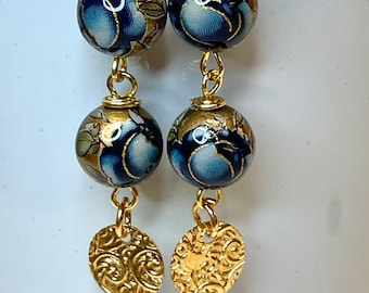 Vintage Japanese TENSHA BLUE ROSE Gold Bead Dangle Drop Earrings ,Gold Plated Ornate Medallion Dangle Beads - Aoi Rose