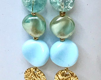 Vintage German Glass Aqua Blue Iridescent Circular Bead Long Dangle Earrings,Gold Plated Embossed Medallion,Bali Gold Vermeil Ear Wires