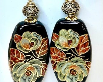 Vintage Japanese TENSHA Black Red Gold Foil ROSE FLOWER Bead Dangle Drop Earrings, Antiqued Gold Plated Bali Style Bead,Gold Ear Wires