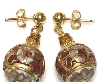 Vintage chinesische seltene GOLD CHAMPLEVE Cloisonne Zinnober Rote Blumen Perlen Ohrringe, Vintage Topas Kristallperlen, 14K SOLID Gold Beiträge