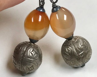 ANTIQUE CHINESE Qing Etched SILVER Bead Dangle Earrings,Vintage Carnelian Oval Gold Fish Beads,Handmade Oxidized Sterling Silver Ear Wires