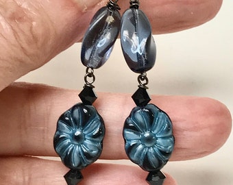 Vintage BLUE TIGEREYE HAWKEYE Dangle Drop Bead Earrings, Vintage Japanese Blue Black Pressed Glass Flower Beads,Crystal beads