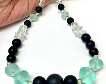 Vintage CZECH GLASS Seafoam Green Teardrop Bead One of A Kind BOHO Necklace,Japanese Sea Foam Glass Beads, Vintage Black Crystal Beads