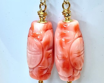 Vintage Chinese Gem PRECIOUS CORAL Deep Pink Carved SHOU Barrel Bead Dangle Earrings Bali 24k Gold Vermeil Bead Caps,Beads,Ear Wires,Chain