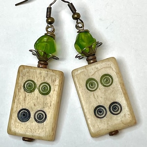Vintage Chinese Green Blue Spirals MAJONG BONE TILE Bead Dangle Earrings ,Vintage German Green Glass Bead,Antiqued Brass Bead Cap,Ear Wire