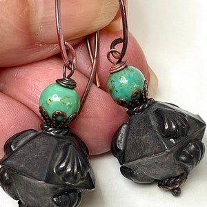 Vintage Chinese TURQUOISE Bead Dangle Earrings,Vintage Handmade PAKISTANI COPPER Bead,Handmade Rose Copper Ear Wires