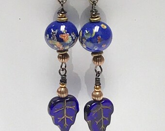 Vintage GERMAN GLASS Cobalt Blue LEAF Gold Etched Bead Dangle Drop Earrings , Vintage Japanese Cobalt Blue Millefiori Glass Bead