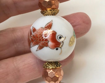 Vintage Chinese KOI FISH Porcelain White Orange Bead Fan Light Pull Ornament, Vintage Faceted Copper Beads-Asian Home Decor
