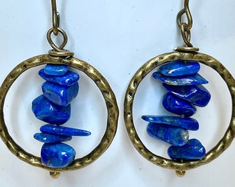 Vintage Gem Natural Lapis Blue Chips Bead Hoop Earrings,Antiqued Brass Hoops, Antiqued Brass Ear Wires