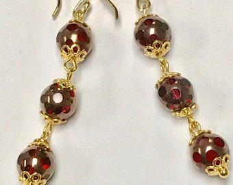 Vintage Glass Czech RARE 1940s Cathedral GARNET RED Circle Gold Bead Long Dangle Earrings,Handmade Bali 24K Gold Vermeil Bead Caps,Ear Wires