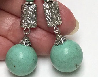 Vintage Chinese NATURAL TURQUOISE Dangle Drop Bead Earrings, Bali Handmade Sterling Silver Rectangular Beads,Bali Sterling Silver Ear Wires