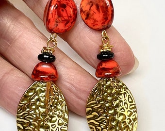 Vintage Japanese Glass PICASSO RED BLACK Bead Long Dangle Earrings,Vintage German Black Glass Beads, Gold Plated Leaf Dangles,Gold Ear Wires