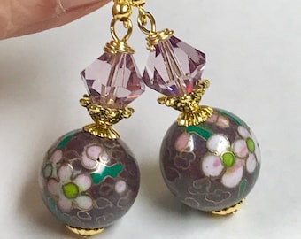 Vintage Chinese Cloisonne PURPLE Dangle Bead Earrings Pink Flower ,Vintage Light Amethyst Faceted Crystal Beads,Gold Bead Caps