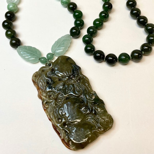 Vintage Chinese Carved Jadeite Lotus Flowers Monkey Pendant Knotted Jade Necklace,Vintage Apple Jade Beads, Vintage Aventurine Carved Beads