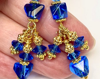 Vintage Czech TIN CUT CRYSTAL Cobalt Blue Rare Shape Faceted Cluster Dangle Earrings, Bali 24k Gold Vermeil Beads,Bali 24K Ear Wires