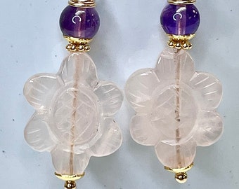 Vintage Carved Etched ROSE QUARTZ FLOWER Oval Bead Dangle Earrings,Vintage Amethyst Beads,Bali 24K Gold Vermeil Ear Wires,Bead Caps