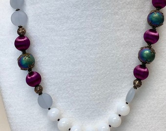 Vintage Japanese SILK BEAD Purple Necklace,Vintage Chalcedony Stone Beads,Chinese Purple Blue Iridescent Glass, Purple Glass