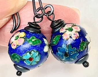 Vintage Chinese CHAMPLEVE Cobalt Blue Pink White Turquoise Flower Cloisonne Bead Dangle Earrings,Handmade Oxidized Sterling Silver Ear Wires