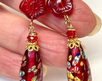 Vintage Japanese Millefiori Glass RED Teardrop Dangle Earrings,VIntage German Cherry Red Flower,Red Crystal,Bali 24K Gold Vermeil Ear Wire,