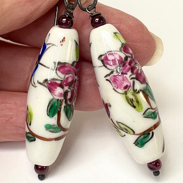 Vintage Chinese Hand Painted Porcelain Long White Flower Bead Dangle Earrings,Vintage Garnet ,Handmade Oxidized Sterling Silver Ear Wires