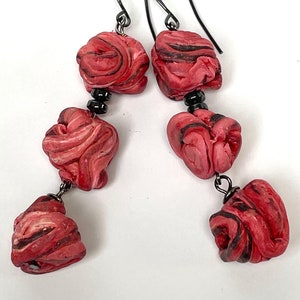 Vintage Japanese RARE PRESSED PAPER 1920s Dark Pink Black Long Triple Bead Dangle Earrings,Vintage Hematite ,Oxidized Black Metal Ear Wires