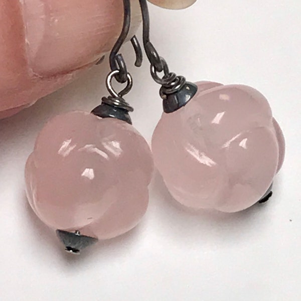 Vintage ROSE QUARTZ Gem Pink Bead Earrings AAA Quality Dangle Drop ,Handmade Oxidized Sterling Silver French Ear Wires - Gift Wrapped