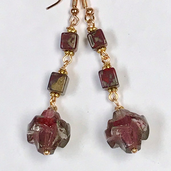 Vintage Czech Glass FIRE POLISHED Furnace Red Green Long Dangling Bead Earrings,Vintage German Picasso Red Glass Cube Beads,Gold Ear Wires