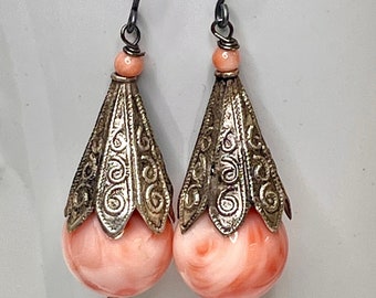 Vintage Angel Skin Pink Coral Large Bead Dangle Earrings, Bali Style Ornate Silver Bead Caps,Handmade Oxidized Sterling Silver Ear Wires