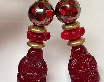 Vintage German Pressed Glass RED BUDDHA Bead Dangle Drop Earrings ,Vintage Red Gold CATHEDRAL Glass Beads ,Vintage German Gold Glass Beads
