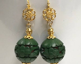 Vintage Chinese CINNABAR RARE GREEN Dangle Drop Bead Earrings, Handmade Bali 24k Gold Vermeil Flower Bead,Bali Gold Bead Caps and Ear Wires
