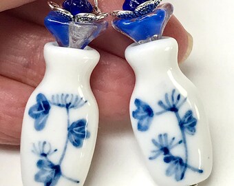 Vintage PORCELAIN Chinese MINIATURE VASE Ming Style White Blue Bead Dangle Earrings,Vintage Chinese Blue Glass Flower Bead,Bali Style Silver