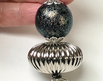 Vintage Japanese Iridescent Black Turquoise Copper Porcelain Bead Fan Pull, Ornate Silver Bead Caps,Vintage Silver Plated Abacus Shaped Bead