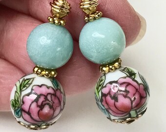 Vintage Chinese PORCELAIN PINK ROSE Flower White Bead Dangle Drop Earrings, Vintage Aqua Blue Amazonite Bead, Gold Plated Ear Wires