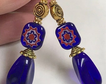 Vintage VENETIAN MILLEFIORI Glass Cobalt Blue Red Rectangle Bead Dangle Earrings,Vintage Japanese Cobalt Blue Glass Beads, Gold Plated Beads