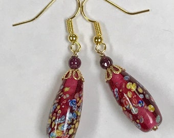 Vintage Japanese MILLEFIORI GLASS Red TEARDROP Bead Dangle Drop Earrings,Vintage Almandine Garnet Beads, Gold Bead Caps, Gold Ear Wires
