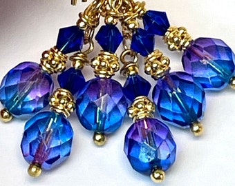 Vintage Czech Crystal Faceted Glass COBALT BLUE PURPLE Bead Cluster Dangle Earrings,Vintage Cobalt Crystal, Bali 24k Gold Vermeil Beads