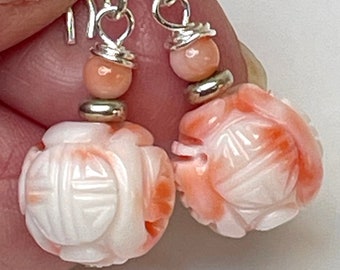 Vintage ANGEL SKIN CORAL Carved Bead Pink Shou Eternity Symbol Dangle Earrings, Handmade Bali Sterling Silver French Ear Wires