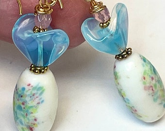 Vintage Japanese MILLEFIORI CONFETTI  GLASS White Aqua Pink Dangle Bead Earrings,Vintage Blue Opalite Glass Flower Bead,Bali Gold Ear Wires