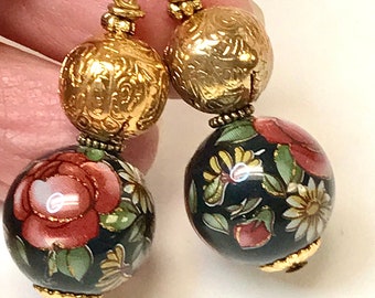 Vintage Japanese TENSHA RED ROSE Black Dangle Drop Bead Earrings,Vintage Gold Plated Filigree Etched Bead, Gold French Ear Wires