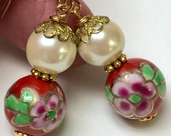 Vintage Chinese Cherry Red Porcelain Pink Blue Flower Dangle Bead Earrings,Vintage German Faux Lucite Pearls,Gold