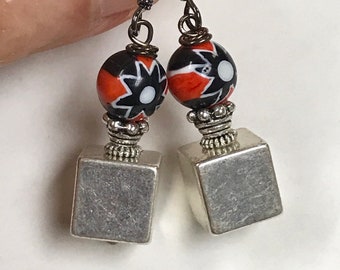 Vintage Glass VENETIAN MILLEFIORI Red Black Dangle Drop STAR Bead Earrings, Silver Plated Cube Bead ,Silver Plated Bead Caps