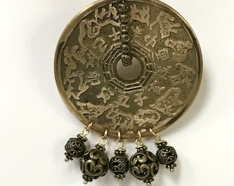 Vintage Chinese ZODIAC Brass COIN Reproduction Fan Light Pull Asian Home Decor, Chinese Brass Bead Dangles