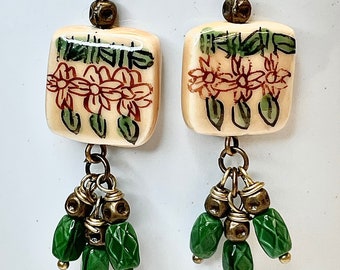 Vintage Chinese PORCELAIN Lotus Flower Calligraphy Cluster Dangle Earrings,Vintage West German Green Glass Beads,Antiqued Brass Ear Wires