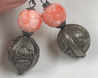 Vintage Pink Angel Skin CORAL FLOWER Carved Bead Earrings, Antique Chinese Silver BUTTERFLY Qing Bead ,Handmade Sterling Silver Ear Wires