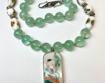 Vintage MINT FLUORITE Bead Knotted Necklace,ANTIQUE Qing Porcelain Rare Human Figure Pendant,Japanese White Millefiori Tonbodama Glass Beads