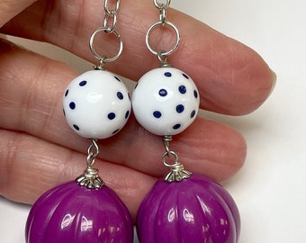 Vintage PINK PURPLE RETRO Lucite Melon Bead Dangle Drop Earrings, Vintage White Lucite Dark Blue Polka Dot Bead, Silver French Ear Wires
