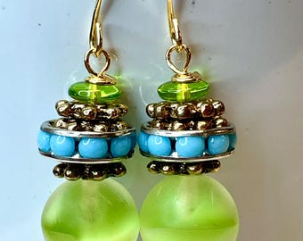 Vintage Givre Glass Lime Green Dangle Earrings, 1940s Japanese Turquoise Inlaid Beads, Gold