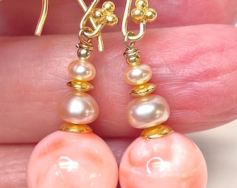 Vintage Angel Skin Coral Dangle Bead Earrings,Vintage Pink Cultured Pearls, Bali 24K Gold Vermeil Bead Caps,Ear Wires