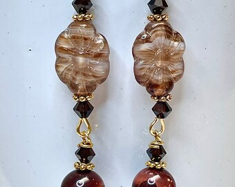Vintage German Pressed Glass Flower Bead Earrings, Red Tigereye Dangle, Honey Brown Crystal (1950s)