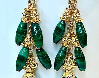 Vintage MALACHITE AAA Gem Carved Rice Bead Dangle Drop Cluster Earrings,Handmade Bali 24K Gold Vermeil Beads, Bali Ear Wires, Gold Chain